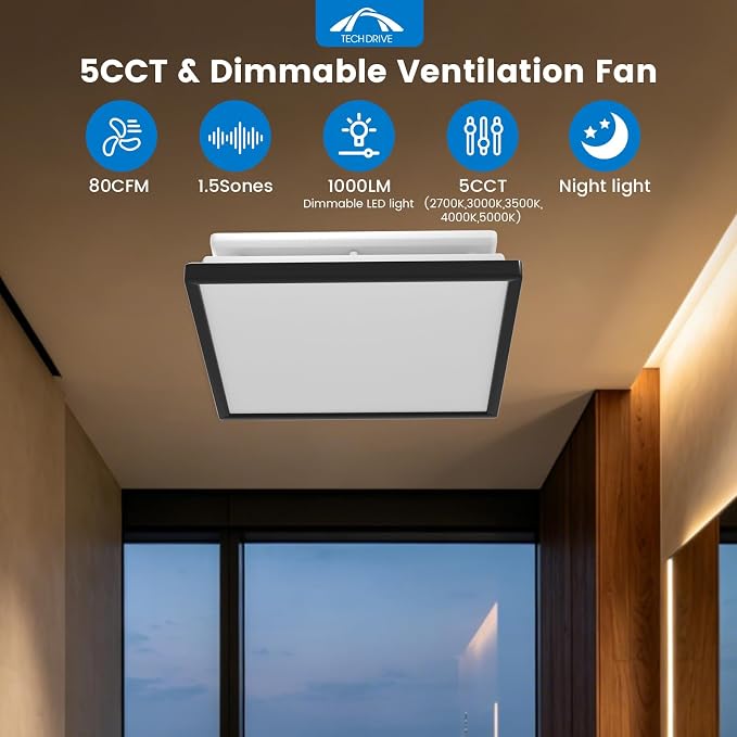 Tech Drive Bathroom Fan with Light And Night Light,80 CFM,4 Inch Duct | 1000lm Dimmable 5CCT LED Light, HVI and Energy Star Certified, Decorative Black Trim, Easy to Install