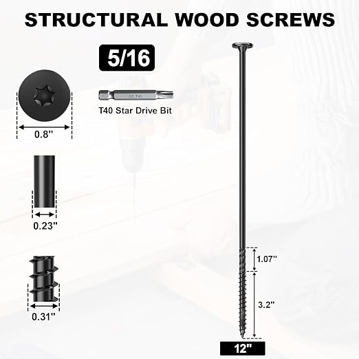 FMhotu 250Pcs Black Star Drive Wood Screws 12 inch - Rust Resistant Timber Deck Screws for Landscaping, Log & Timber Wood - Heavy-Duty Outdoor Fasteners (5/16"x12" Black