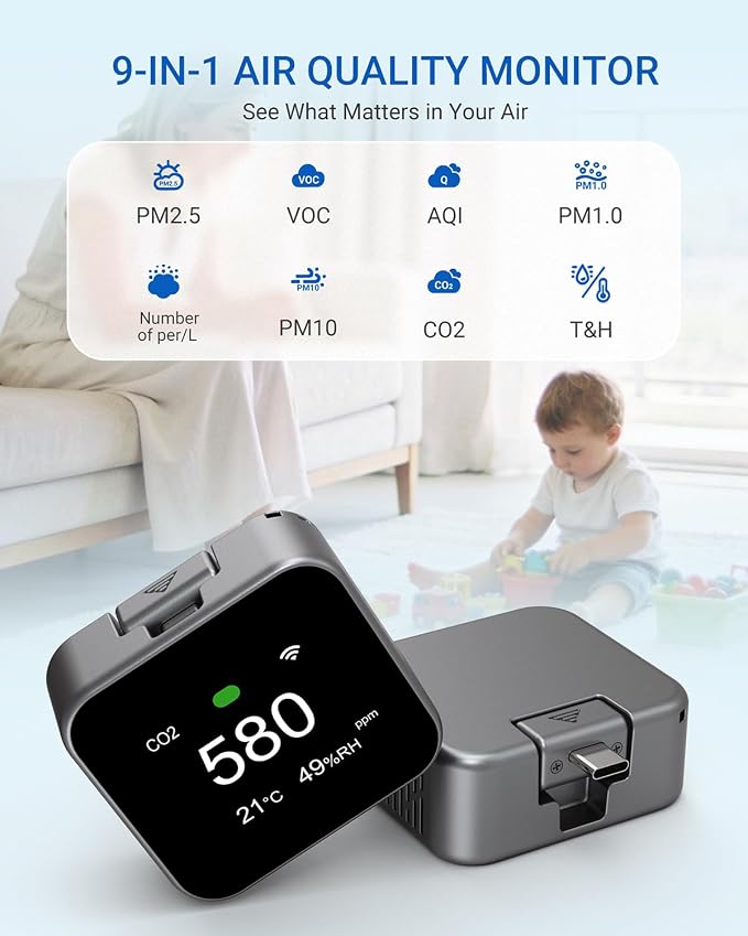 Air Quality Monitor, Plug-in Air Tester for PM2.5, PM10, CO2, TVOC, Temperature, Humidity, Air Detector with App Control and Customizable Alerts, Portable for Home, Office, RV, Camping