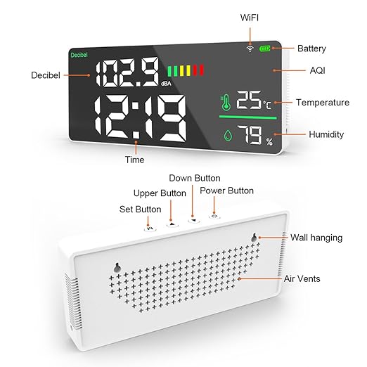 LICAEVEY 11 Inch Large LED Wall Mount Sound Level Meter with WiFi Tuya APP Control, Decibel Tester with Temperature Humidity Display for Home Studio Factory