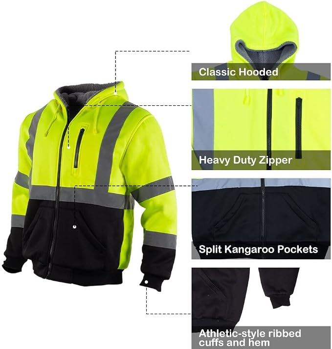 VENDACE Men's ANSI Class 3 High Vis Safety Reflective Sweatshirt Wool Fleece Zipper Jacket Hoodie with Black Bottom(Yellow,XL)