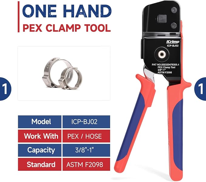 iCrimp KIT-BJ02 PEX Crimping Tool Kit with PEX Clamps, PEX Pipe Cutter, One-Handed PEX Clamp Tool for Cinching 3/8-in, 1/2-in, 3/4-in, 1-in PEX Clamp