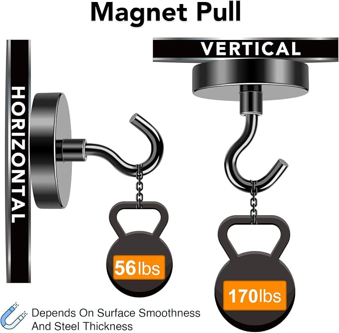 MIKEDE Magnetic Hooks Heavy Duty 170LB+ Strong Black Magnets Hook | Rare Earth Neodymium Hooks with Epoxy Coating Cruise Magnets with Hook for Hanging Refrigerator Garage 6 Pack