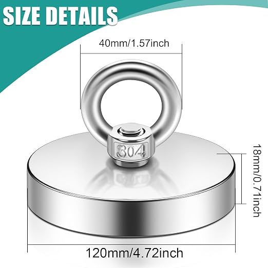Lift Fishing Magnets 4.72' (120 mm), Super Strong Heavy Duty, Large Rare Earth Neodymium Magnets for Retrieving