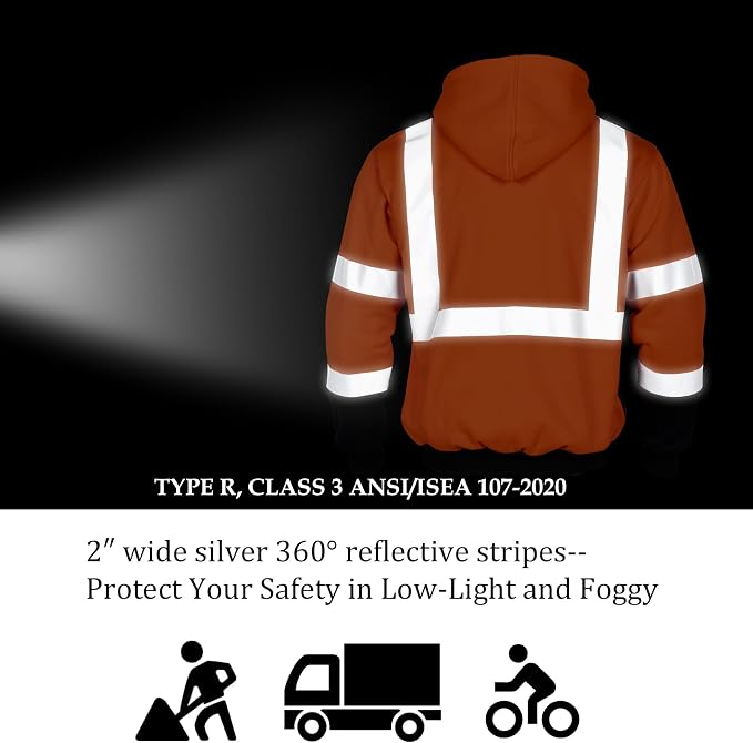 VENDACE Men's ANSI Class 3 High Vis Safety Reflective Sweatshirt Wool Fleece Zipper Jacket Hoodie with Black Bottom(Orange,L)
