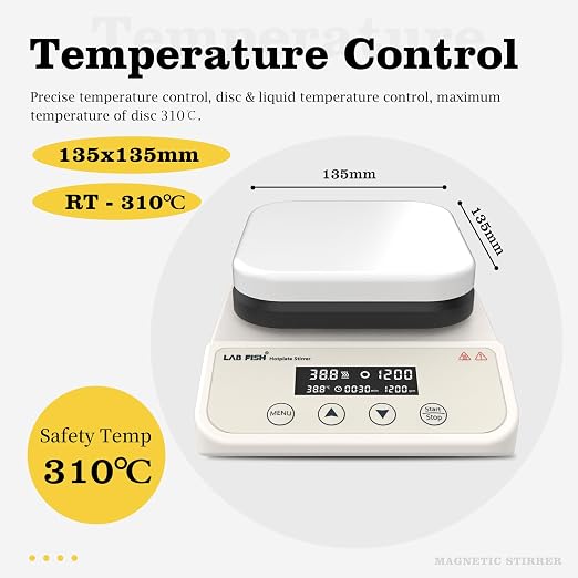 LAB FISH HS6PRO Magnetic Stirrer Hot Plate,310℃/590℉ Timer | 5.2 inch square ceramic hot plate, 3L, digital control with timer, 50-1500RPM, ext probe, stand & stir bar