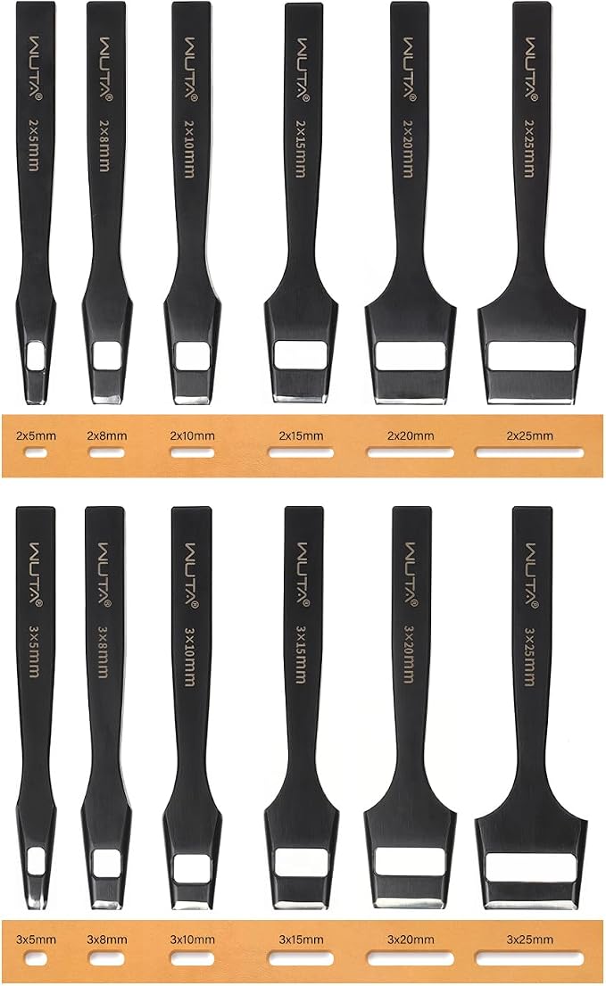 WUTA 5 Pcs Leather Belt Hole Puncher Oval Cutter Strap Watch Band Flat Punches Heavy Duty Oblong Tools for Leathercrafting (5 * 6+5 * 8+5 * 25+4mm Round+3.5mm Round)