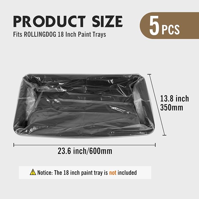 ROLLINGDOG 18 Inch Disposable Paint Tray Liners-18" Paint Pan Liners with Drawstring, Exclusively Used with ROLLINGDOG 18 Inch Paint Roller Kit for Interior or Exterior Home Improvement (Pack of 5)