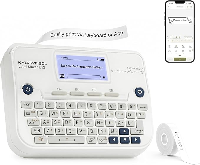 SUPVAN E12 Bluetooth Label Maker Machine, Support Keyboard & App with 30+ Fonts and 660+ Icons, Rechargeable Inkless Labeler for Office, Home, Kitchen, School, Organization, White