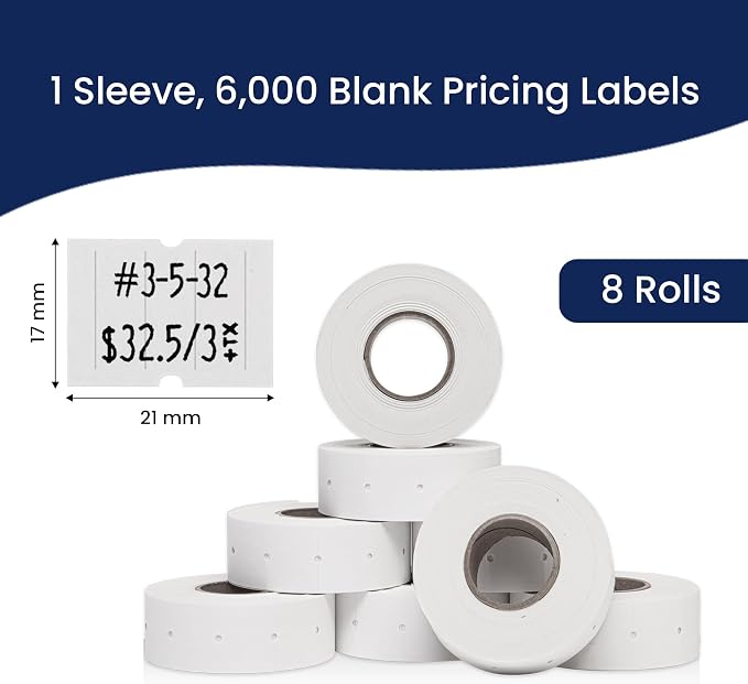 Perco 2 Line White Labels - 6,000 Blank Price and Date Gun Labels for Perco 2 Line Price and Date Guns - 8 Rolls, 1 Sleeve - Made in USA