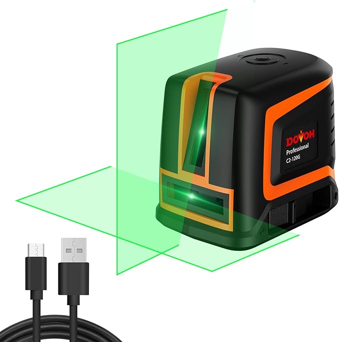 DOVOH Rechargeable Laser Level Self Leveling Cross Line, C2-120G | Green Beam, Dual Lasers, 2600mAh Li-ion Battery, 66ft, For Home DIY, Hanging Pictures, Tiling