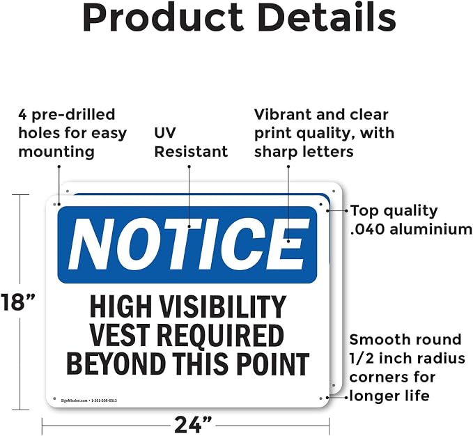 (2 Pack) High Visibility Vests Required Beyond This Point OSHA Notice Sign 24 Inch X 18 Inch Indoor/Outdoor Rust-Free Aluminum Metal Signs for Workplace, Workshop, and Construction Site