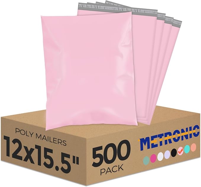 Metronic Poly Mailers 12X15.5 500Pack, Strong Adhesive Shipping Envelopes for Clothing, Waterproof Shipping Bags for Small Businesses, Flexible Mailers Poly Bags Packages Bags Light Pink