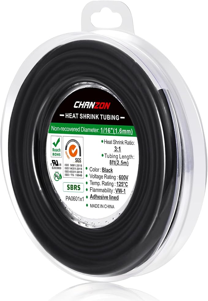Chanzon 3:1 Ratio 1/16" (1.6mm) Heat Shrink Tubing - Marine Grade Waterproof Adhesive Lined - 8Ft Roll (2.5M Total Length) Black Polyolefin Sleeving Wrap Shrinking 3 to 1 Ratio 1pcs