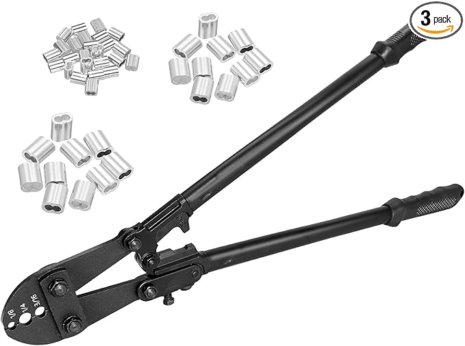 Wire Rope Crimping Tool, 25 Inch Heavy Duty Hand Swaging Tool with 40Pcs Aluminum Loop Sleeves, 3 Cavity Cable Crimping Tool for 1/8" to 1/4" Aluminum Oval Sleeves, Double Sleeves