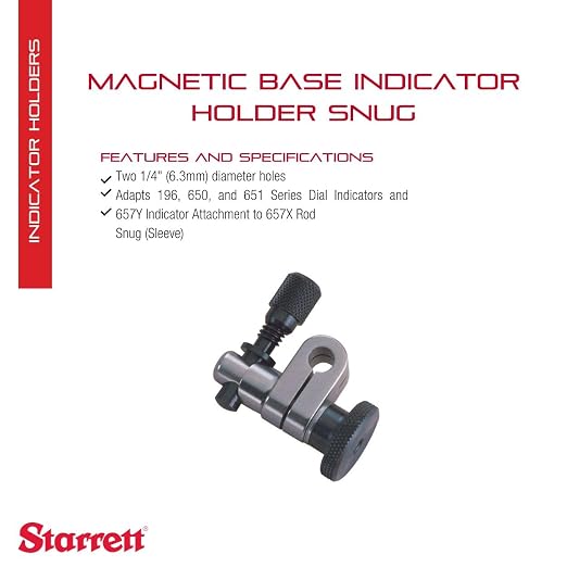 Starrett Magnetic Base Indicator Holder Snug with Dual 0.25" Holes, Silver - Compatible with 196/650/651 Series - 657S