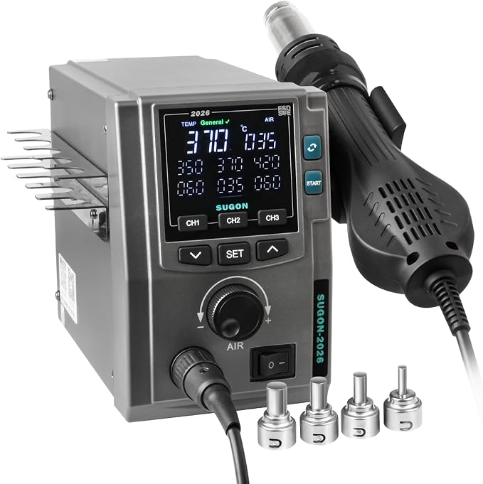 SUGON 2026 Hot Air Rework Station 700W, Standard/Curve heating mode, 4 Air Nozzle, 3 Memory storage, Sleep mode, ℃ / ℉,212℉-932℉, SMD Hot Air Station with Replace Air Nozzle Bracket