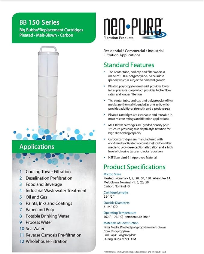 Neo-Pure 20 Micron Depth Cartridge BB150-HMB20 Replacement Filter | Compatible with Watts BBC-150-D20 Big Bubba BBH-150 Housing | Efficient Sediment, Dirt, and Rust Filtration