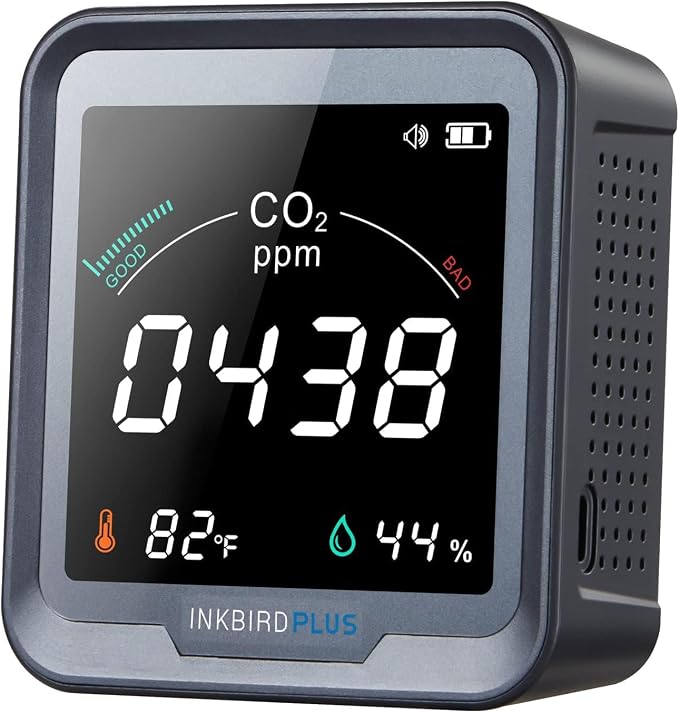 INKBIRDPLUS Ndir Air Quality Monitor Indoor with Battery Powered | 3 in 1 Detect for CO2 & Temperature & Humidity | for Home, Office, RV, Grow Tent (PTH-9C)