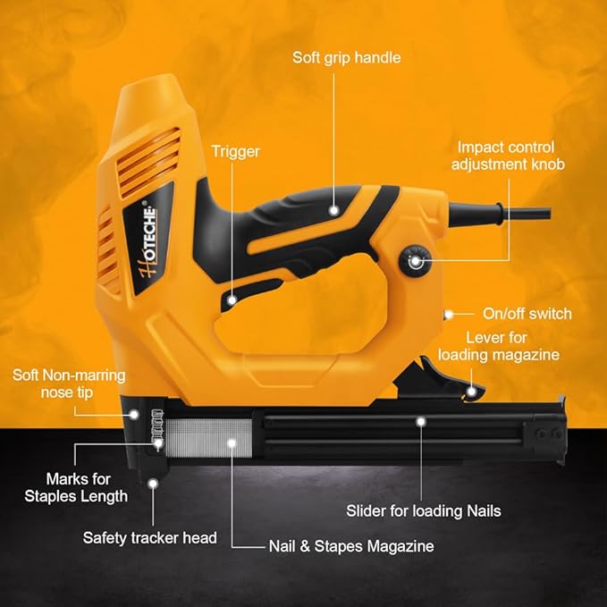 Hoteche 18GA 2-in-1 Electric Brad Nailer/Stapler 19/32-Inch to 1-1/4 Inch Staple Gun Power Adjustable Nail Gun with 2000Pcs Brad Nails& Staples for Home Upholstery and Woodworking