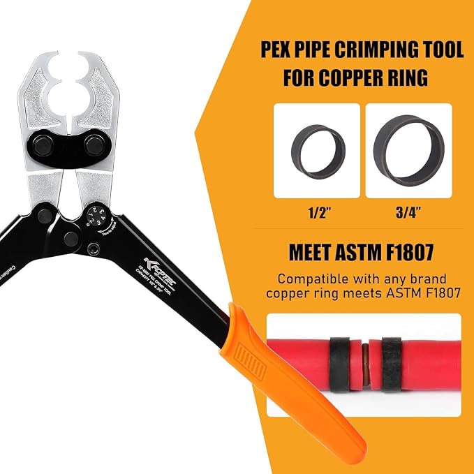 KF CPTEC PEX Crimping Tool, Forged Steel Heavy-Duty Crimper for Copper Crimp Rings (1/2 Inch & 3/4 Inch), Includes Go/No-Go Gauge, ASTM F1807 Compliant Plumbing Tool