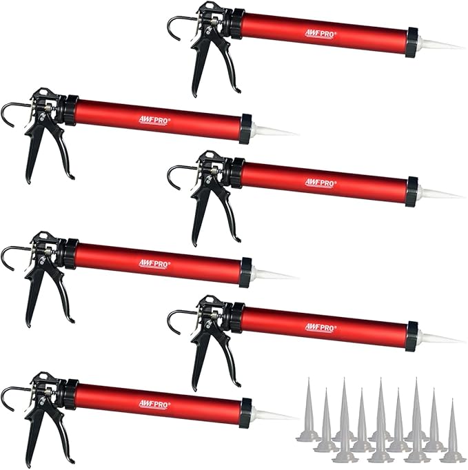 AWF PRO Sausage Caulking Gun, 20 oz Foil Pack and 10 oz Cartridge Convertible, 25:1 Thrust Ratio, Aluminum Barrel, Includes 3 Tips, Pack of 6