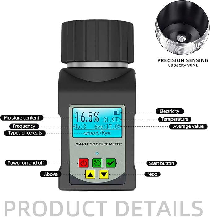 Grain Moisture Meter Tester, Digital Portable Grain Moisture Analyzer for 25 Grains, with Backlit LCD Display, Voice Broadcast, Data Logging, Temperature Test for Coffee Wheat Corn Rice Farm Crops