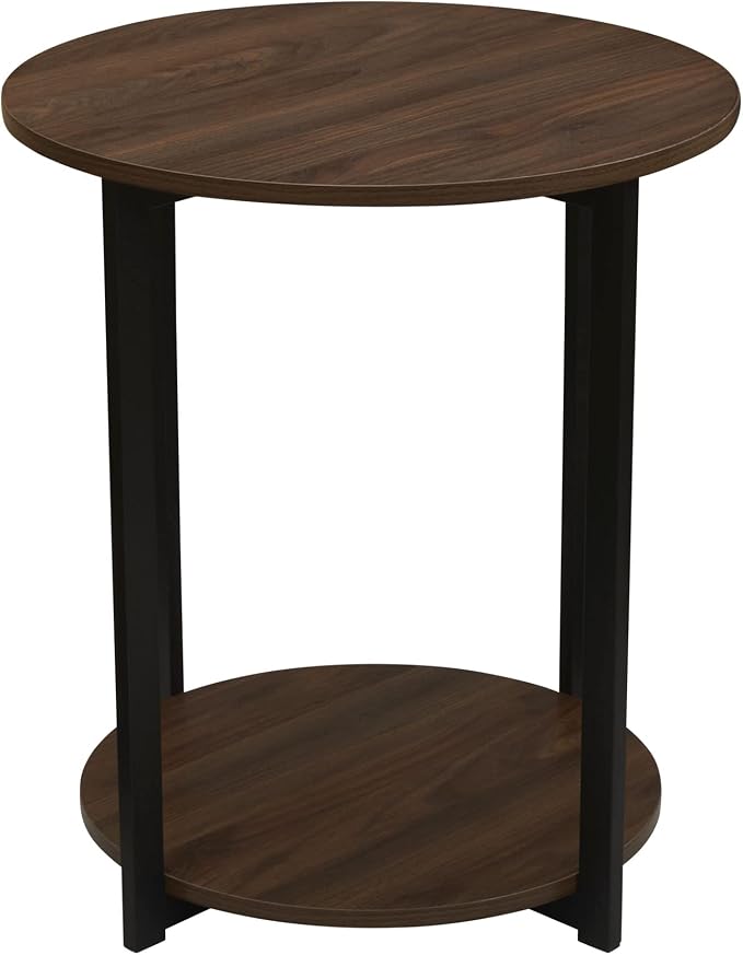 Household Essentials Jamestown Round Side End Table with Storage Shelf Mid Century Walnut Wood Grain and Black Metal