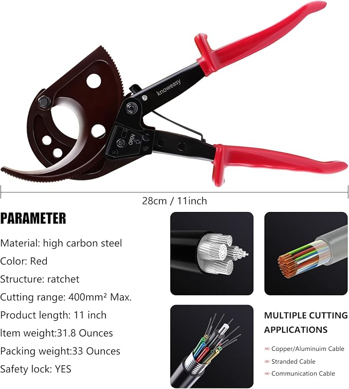 Knoweasy Cable Cutter and Ratchet Wire Cutter - Cuts Through Aluminum and Multi-Core Cables up to 400mm² with Precision and Ease, Ideal for Electrical Installations