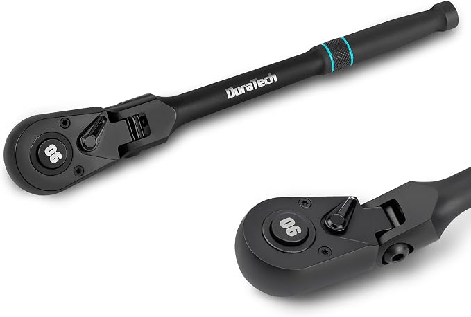 DURATECH 1/2-Inch Drive Flex-Head Ratchet, 90-Tooth Quick-Release Ratchet Wrench with 180° Pivoting Head and 7-Position Setting, Reversible, CR-V Made, CR-MO Head, 4° Swing, Black Mn Phosphate Finish