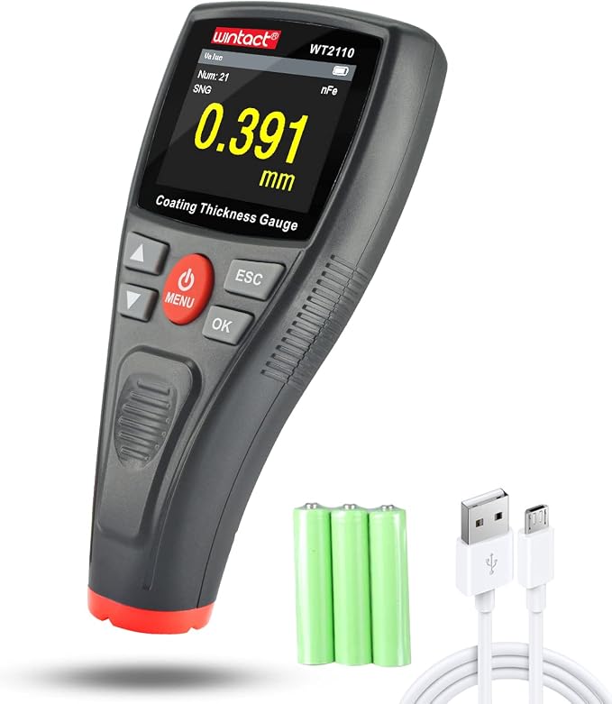 Wintact Digital Paint Coating Thickness Gauge Meter 0~1500um, 1500 Readings Storage, 360°Screen Rotation, Backlit Color Display, Chargeable, Auto-Off, Rechargeable for Cars, Industrial