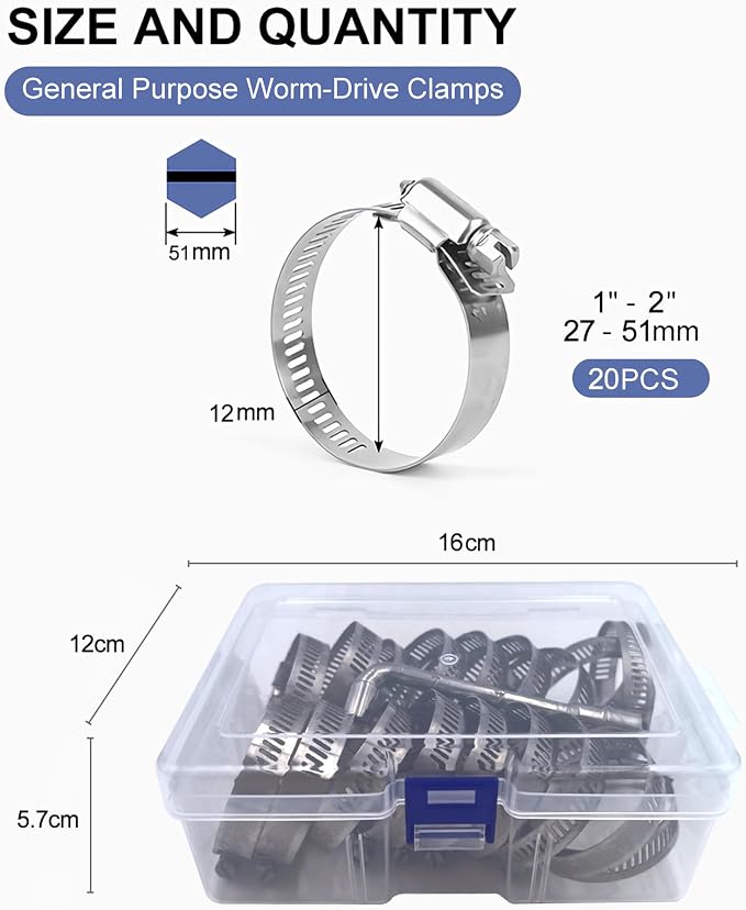 Hose Clamps 19PCS Set, 304 Stainless Steel, Radiator Hose Clamps, Big Size, 1– 2"(27-51mm) with 1pc Socket Wrench,Worm Gear Clamps Set for Automotive,Plumbing,Intercooler