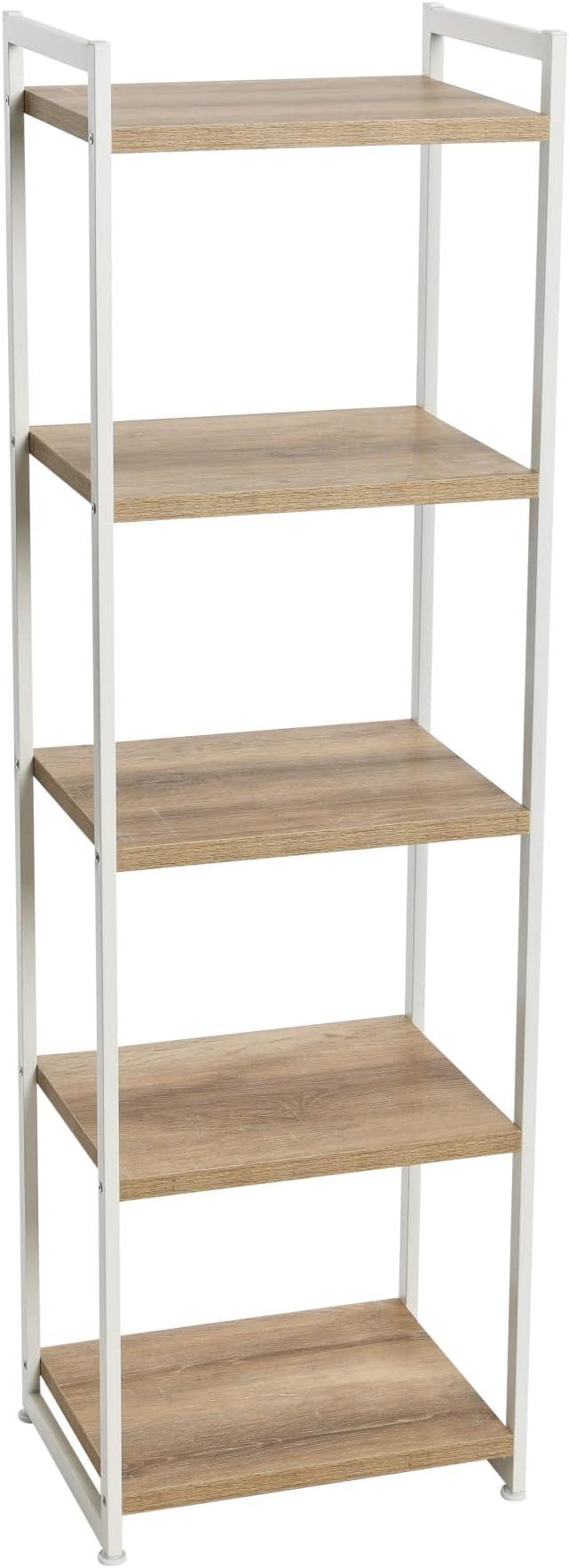Household Essentials Narrow 5‑Shelf Open Storage Bookshelf, Coastal Oak Wood Grain with White Metal Frame