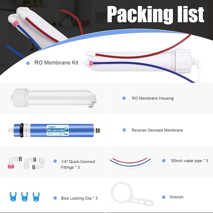 2012-200GPD Reverse Osmosis Membrane with RO Membrane Housing,Wrench,1/4" Quick-Connect Fittings,Check Valve and Water Pipe Replacement for Replacement Under Sink Home RO Water Filter System