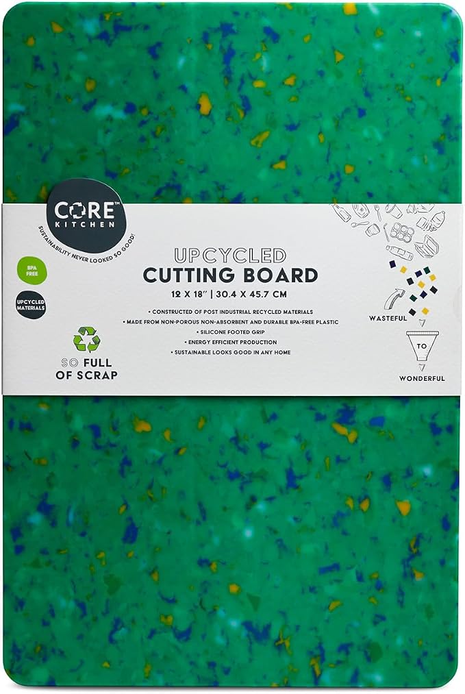 Core Home Upcycled BPA Free 12 x 18 Inch Made of Post Industrial Recycled Plastic Materials Charcuterie Platter Non-Slip Chopping Cutting Board, Green Confetti