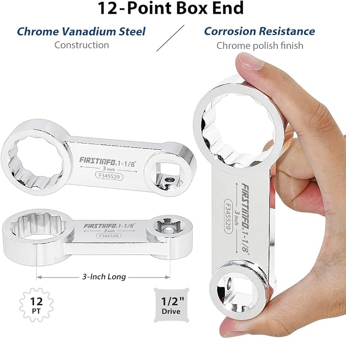 FIRSTINFO 1/2-inch Drive 1-1/8" 12-Point Box End Torque Adapter | 3 in center-to-center length • Fits 4, 6 & 12-point fasteners • CR-V steel • Thin-wall access • Made in Taiwan