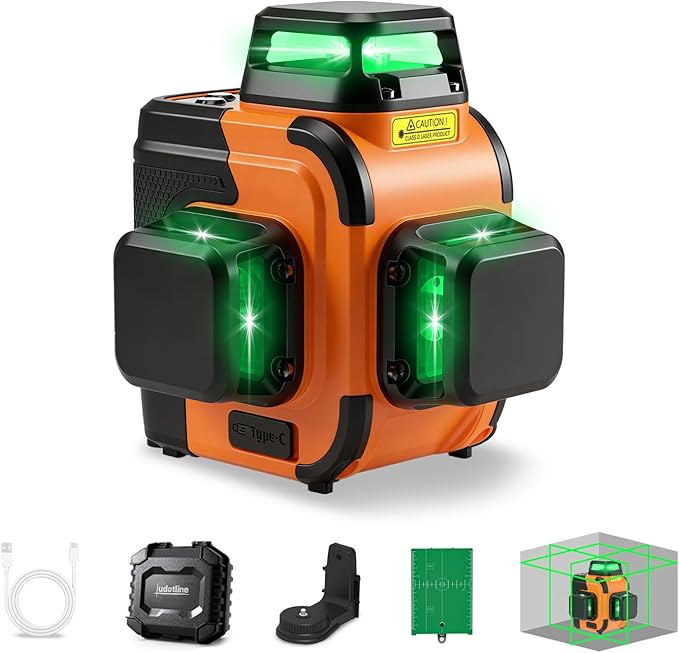 3D-360 Lasers level Self Leveling laser levels Professional tools | Three 360° laser planes project 12 bright green lines for wall, floor, ceiling, tile and cabinet alignment.