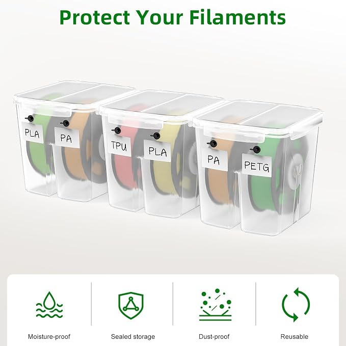 Filament Storage Box with Center Holder - Airtight Filament Storage Container with Labels for 1KG 1.75mm PLA ABS PETG TPU PA, 3D Printing Filament Storage Box with Dual Cable Ports (3 Pack)