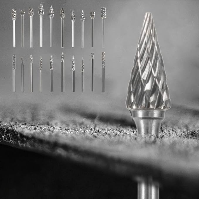 HIDOTOL Carbide Burr Set 20PC 1/8" Shank – 3mm Tungsten Double Cut Carbide Rotary Burr Set for Metal and Wood Carving, Grinding, Polishing, Engraving, Drilling.