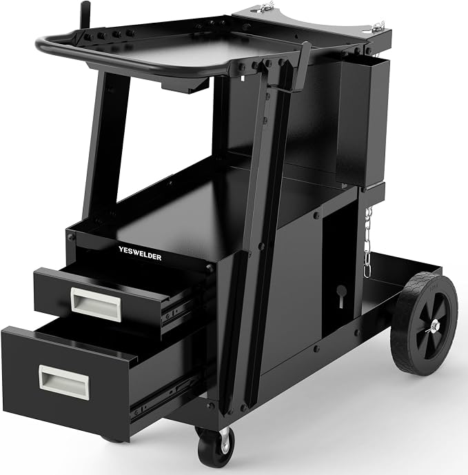 YESWELDER Welding Cart，2-Tier with 2 Drawers for MIG Welder TIG Welder and Plasma Cutter, Tank Storage Safety Chains, Heavy Duty Large Storage 360° Swivel Wheels Welding Trolley