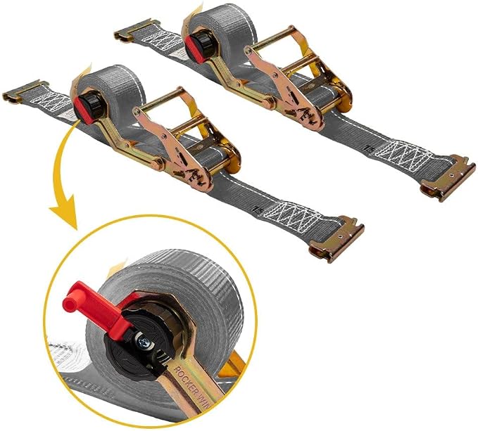 Mytee Products 2 Pk 2'' x 16' Rocker Winder Ratchet Straps for E-Track - Tie Down Straps with 4,500 lbs BS - Self Ratcheting Strap for Boat, Jet Ski, ATVs - Gray