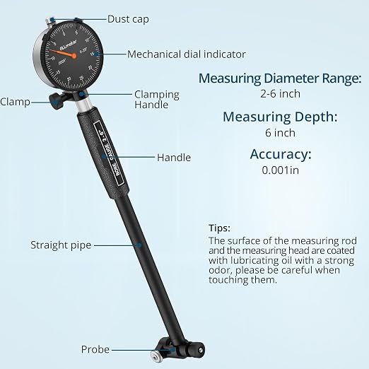 Dial Bore Gauge 2-6 Inch,0.001"Accuracy,Internal Diameter Measuring Tool with 0.25"Dial Indicator,Precision Bore Gage Set with 11 Measuring Heads & Storage Case for Cylinder Engine Hole Gauge