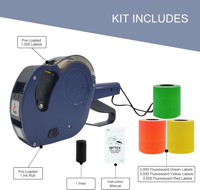Motex Genuine MX-5500NEW 1 Line 8 Digits Price Tag Gun Kit - Includes 10,000 Blank Labels (White + Red + Yellow + Green) and 1 Pre-Loaded Inker with 1 Ink Refill (Dark Blue)