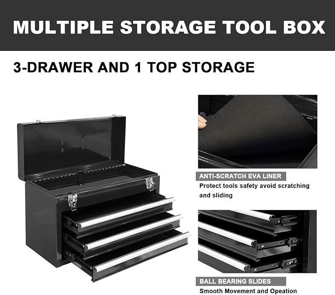 BIG RED 3 Drawer 20“ Metal Tool Box Portable Steel Tool Chest with Metal Latch Closure for Garage, Home and Workbench,Black,ANTBD133-XT
