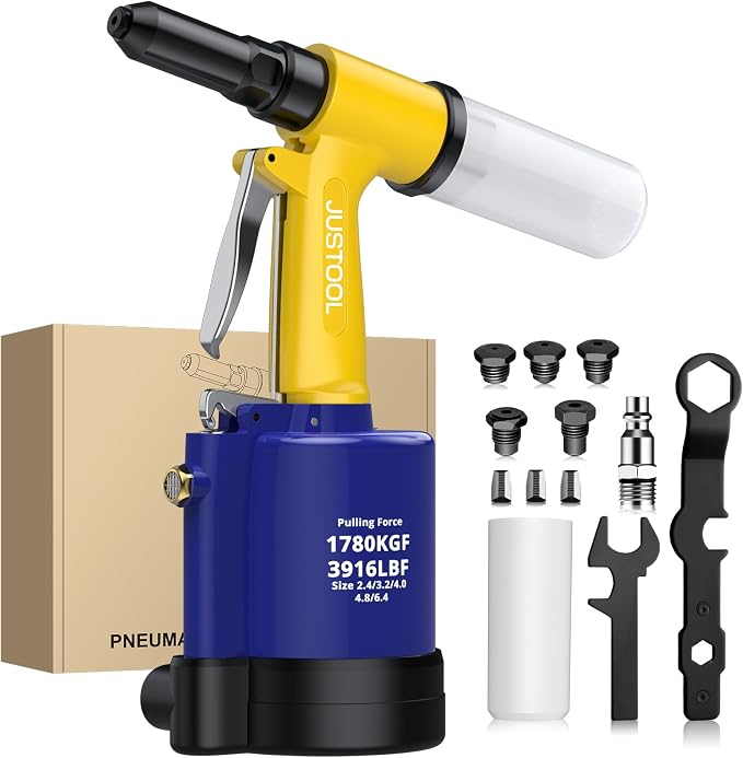 JUSTOOL Heavy Duty Pneumatic Rivet Gun 3916 LBF Air Rivet Gun-3/32", 1/8", 5/32", 3/16", 1/4" Air Riveter with NPT 1/4 inch Air Hydraulic Riveter for Automotive Construction Maintenance Industries DIY