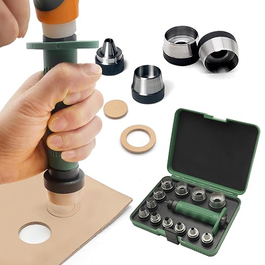 12 in 1 Hollow Hole Punch Set,Gasket Cutting Puncher,Leather Punch. | 12 Interchangeable round hollow punches are sharp, Leather hole punches,Gasket making,3/16” to 1-1/4” (5-32mm)