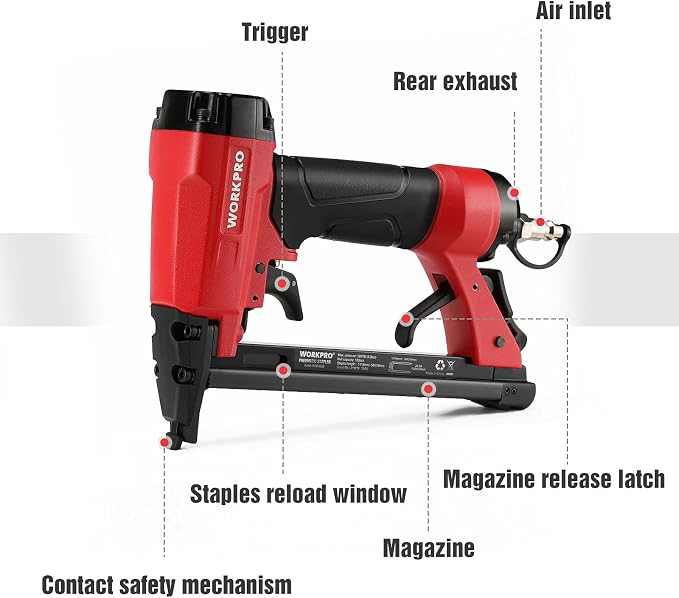 WORKPRO Pneumatic 20 Gauge Staple Gun, T50 Upholstery Stapler with 1260pcs Staples 1/4”to 5/8”, Rear Exhaust, for Carpentry, Woodworking and DIY Projects