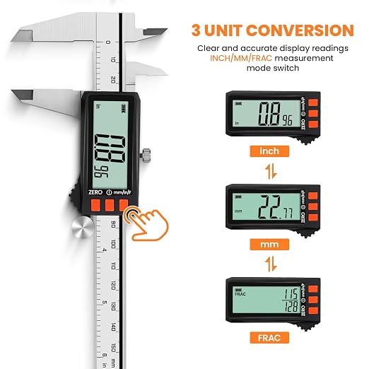 HARDELL Digital Caliper, Rechargeable Calipers with Battery Display, Auto-Off Caliper Large LCD Screen, 6 inch Micrometer, Inch/MM/Fraction for DIY/Household/Jewelers