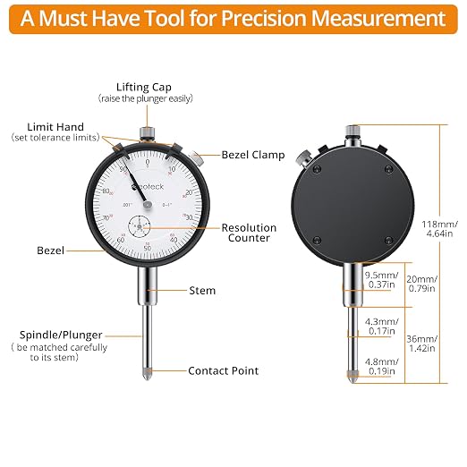 Neoteck 0-1"/ 0.001" Dial Indicator with 13.5" Flexible Arm 176lbs Max Pull Magnetic Base Dial Indicator Set Widely Used in 3D Printer and Automotive Maintenance