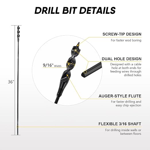 HUAALIUCHE 36× 3/16 ×9/16 -Inch Head Installer Drill Bit Fish Bit for Pulling Wire Through Tight Spaces with Minimal Damage -1 Pack